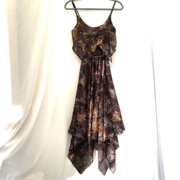 VTG Y2K Womens Cheetah Print Sheer Dress 5/6 Handkerchief Hem Fairy Boho Animal - Picture 2 of 10